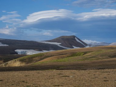 İzlanda Highlands bölgesinde Fjallabak Doğa RezervLandmannalaugar alanda kar fiields ve çok renkli volkanlar ile Renkli Rhyolit dağ panorma