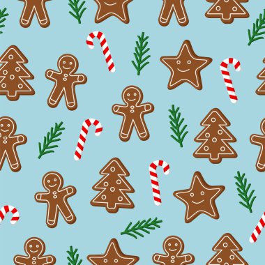 Kusursuz bir Noel deseni. Lolipop şeker kamışı ve mavi arka planda yeşil ladin dallı kahverengi zencefilli kurabiye. Paket kağıdı, baskılar, yapıştırma kitabı için grafik tasarım ögesi, basit
