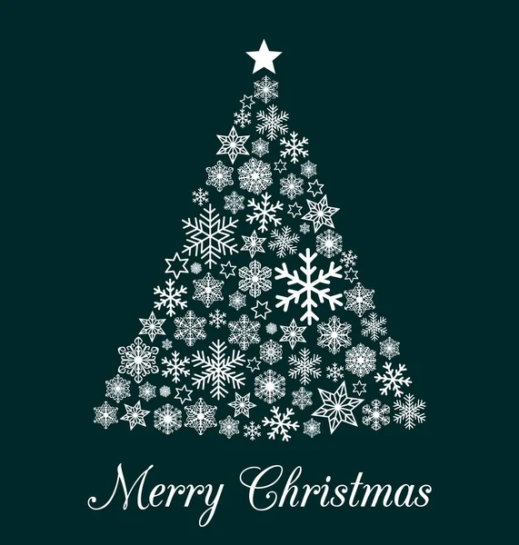 Yılbaşı tebrik kartı, üzerinde beyaz üç melekli Noel ağacı olan çeşitli kar tanelerinden yapılmış ve koyu yeşil arka planda izole edilmiş Mutlu Noeller yazılı bir kart. Tatil Tasarım Kartı için Vektör Eps 10 illüstrasyon