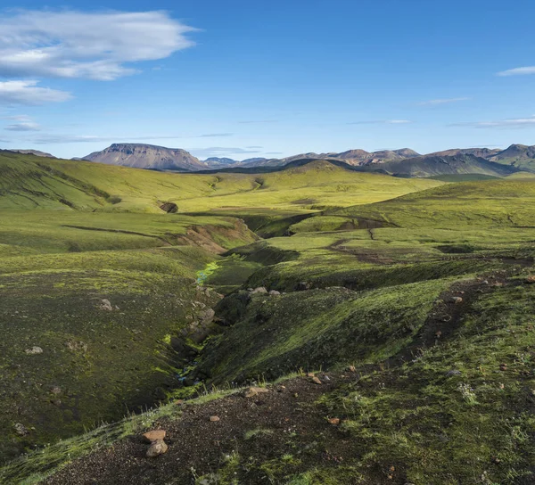 Vulkáni táj boszorkány színes rhyolit hegy, zöld dombok és kis patak buja moha. Fjallabak Természetvédelmi Terület, Celand. Nyári kék ég — Stock Fotó