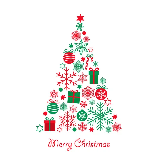 Wesołych Świąt kartka z uroczym trójkątem choinki wykonane z czerwonych zielonych prezentów, kule, gwiazdy i płatki śniegu izolowane na białym tle. Vector Eps 10 ilustracja dla projektów wakacyjnych — Wektor stockowy