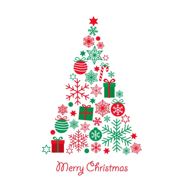 Kırmızı yeşil hediyelerden, toplardan, yıldızlardan ve beyaz arka planda izole edilmiş kar tanelerinden yapılmış şirin üçgen Noel ağacı olan mutlu Noeller kartı. Tatil Tasarımları için Vektör Eps 10 illüstrasyonu