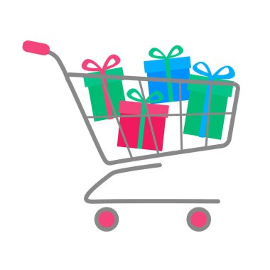 Basit bir alışveriş arabası ya da kurdeleli renkli hediye kutularıyla dolu bir tramvay. Noel hediyesi ya da online satış konsepti almak. Vektör Eps10 illüstrasyonu
