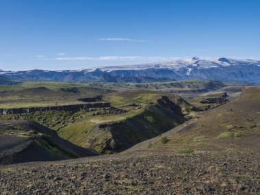 Icelandic landscape with blue Markarfljot river canyon, green hills and eyjafjallajokull volcano glacier. Laugavegur hiking trail. Fjallabak Nature Reserve, Iceland. Summer blue sky