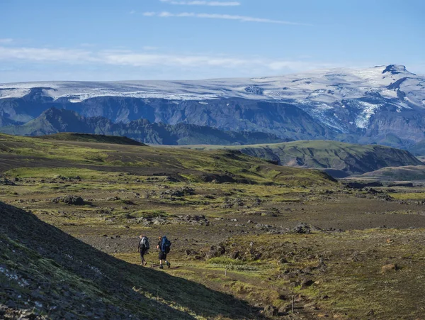 Kilku młodych turystów w Laugavegur szlak turystyczny z wulkanu eyjafjallajokull i język lodowiec, niebieski strumień rzeki i zielone wzgórza. Rezerwat przyrody Fjallabak, Islandia. Lato błękitne niebo — Zdjęcie stockowe