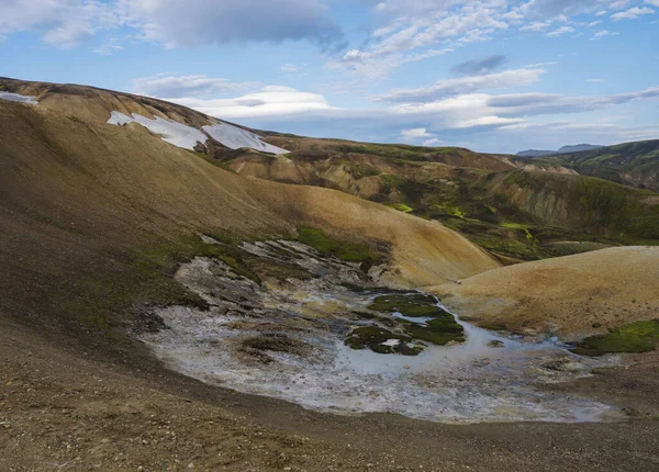 Panorma de Colorido Rhyolit Landmannalaugar montanha com vulcões multicoloridos e piscina de enxofre com fumarola geotérmica na Reserva Natural Fjallabak em Highlands da Islândia — Fotografia de Stock
