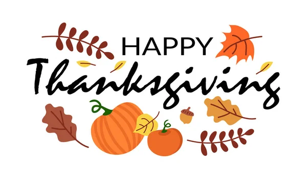 Renkli sonbahar yaprakları, meşe palamudu, meyve, böğürtlen ve balkabağı içeren mutlu Şükran Günü mektupları. Beyaz arka planda kutlama alıntısı. Kartpostal için Vektör Eps10 hat yazısı