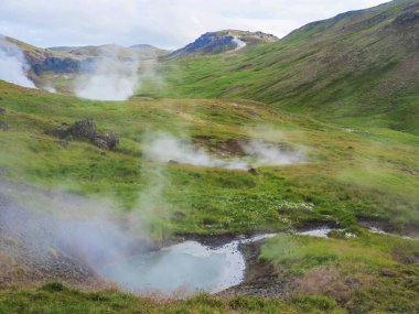 Reykjadalur Vadisi 'nde sıcak kaynak nehri ve yemyeşil çayır ve jeotermal buharlı tepeleri olan havuz. Güney İzlanda, Hveragerdi şehri yakınlarında. Yaz güneşli sabah, mavi gökyüzü.