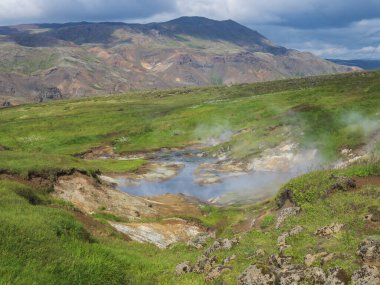 Reykjadalur Vadisi 'nde sıcak kaynak nehri ve yemyeşil çayır ve jeotermal buharlı tepeleri olan havuz. Güney İzlanda, Hveragerdi şehri yakınlarında. Yaz güneşli sabah, mavi gökyüzü.