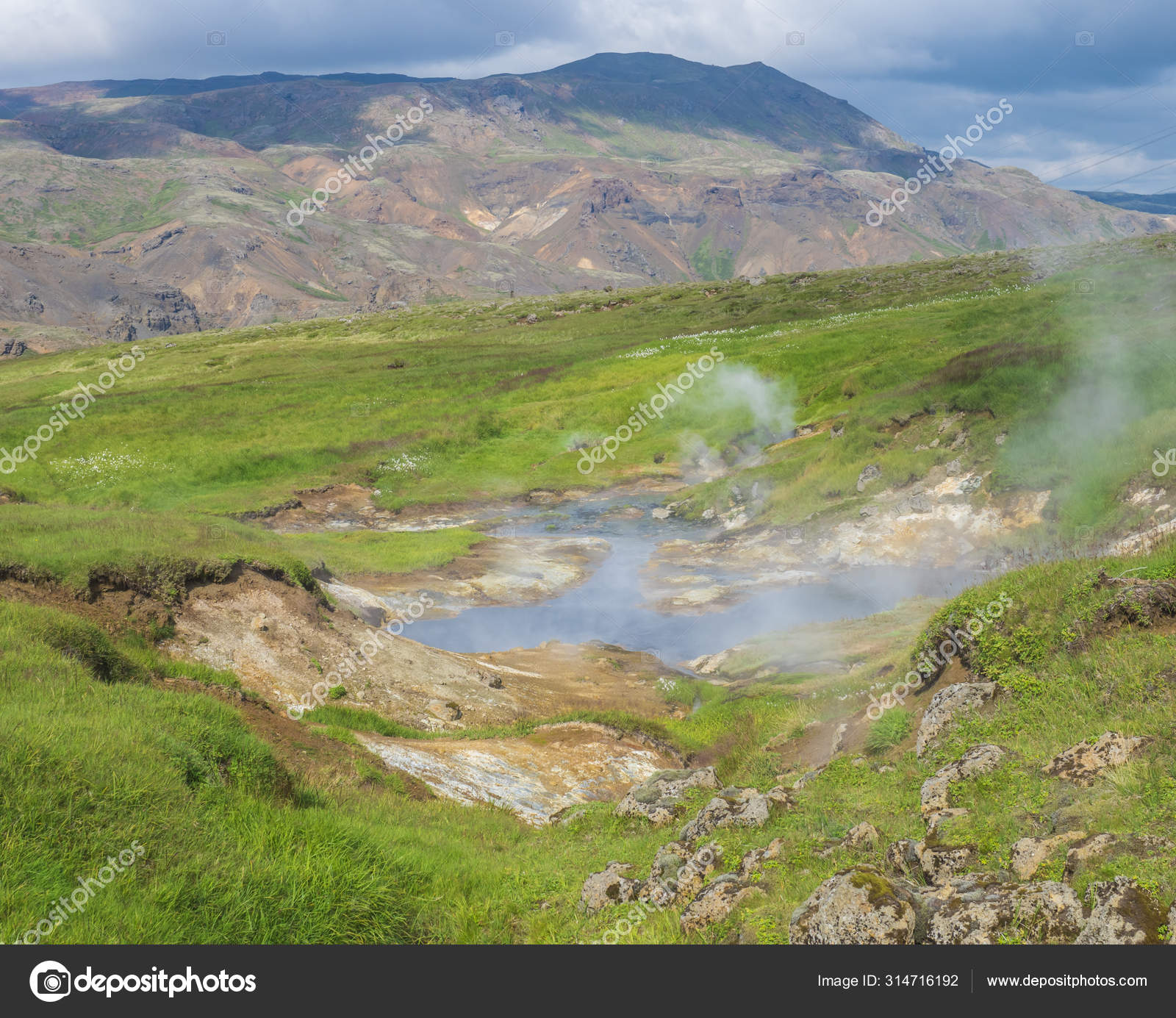 Reykjadalur valley with hot springs river and pool with lush green