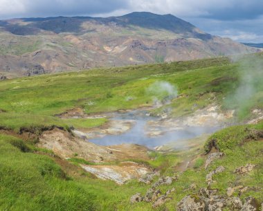 Reykjadalur Vadisi 'nde sıcak kaynak nehri ve yemyeşil çayır ve jeotermal buharlı tepeleri olan havuz. Güney İzlanda, Hveragerdi şehri yakınlarında. Yaz güneşli sabah, mavi gökyüzü.