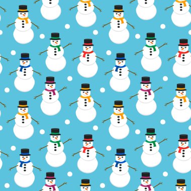 Renkli atkısı ve mavi arka planda şapkası olan sevimli kardan adamlar. Eps 10