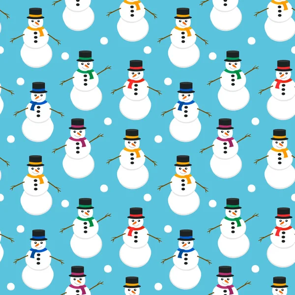 Bezešvé vektorové vzor s roztomilými sněhuláky s barevnou šálu a klobouk na modrém pozadí. Eps 10 — Stockový vektor