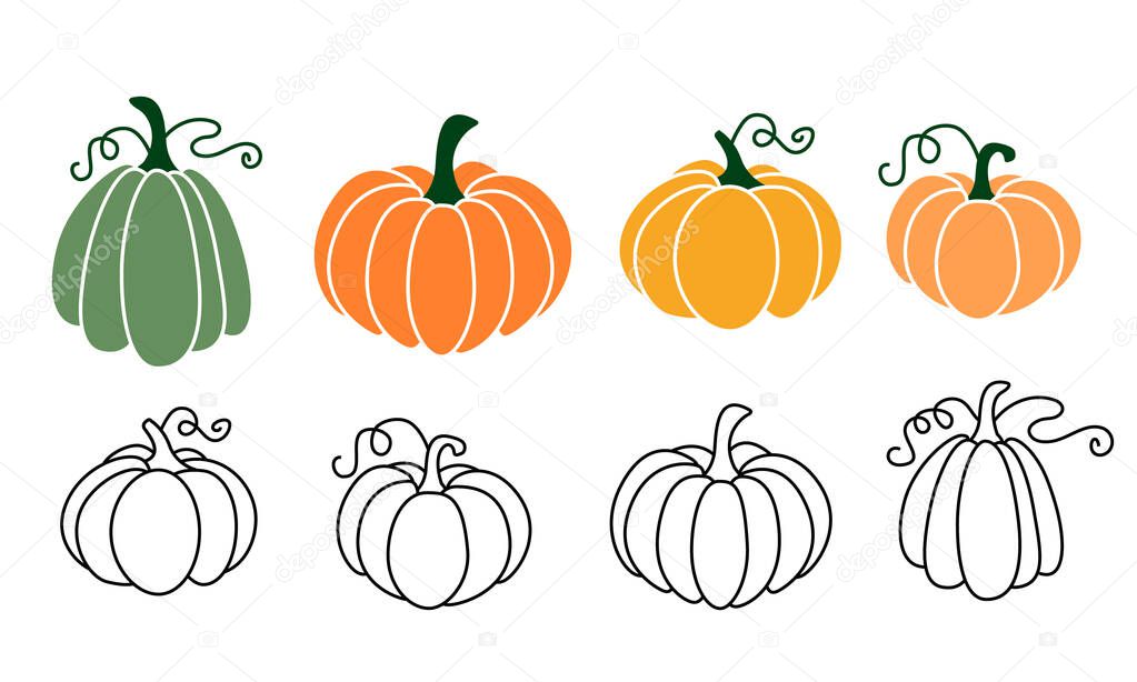 A set of pumpkins in various shapes, black outlined and colored. Vector collection of cute hand drawn pumpkins on white background. Elements for autumn decorative design, halloween invitation, harvest