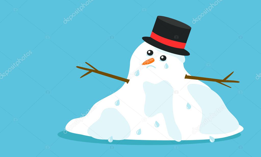 Cuite sad melting snowman with hat and tears in flat cartoon style, isolated on blue background. Vector EPS 10 illustration