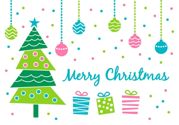 Vrolijke kerstkaart met leuke versierde kerstboom, diverse cadeautjes en opknoping kerstballen in blauw, groen en roze geïsoleerd op witte achtergrond. Retro vintage stijl Eps10 vect — Stockvector
