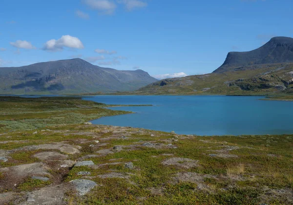 Лапландійський природний ландшафт з блакитним льодовиковим озером Allesjok біля Алесджуру, березовий ліс, засніжені гори. Північна Швеція, на пішохідній стежці Кунгсследен. Літо сонячне. — стокове фото