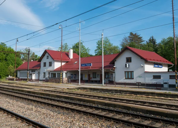 Zadni Treban, Republika Czeska, 8 maja 2020 r.: dworzec kolejowy Zadni Treban z białym czerwonym dachem, torami, pociągami i platformą z niebieskim tłem nieba — Zdjęcie stockowe