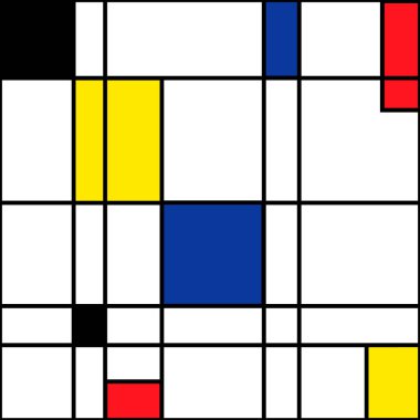 Mondrian kusursuz desen. Bauhaus soyut geometrik arka planı mavi, kırmızı, sarı ve siyah olarak kontrol etti. Renkli vektör çizimi. Mozaik Piet Mondrian öykünmesi