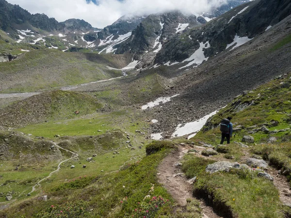 Senderista solitario en el sendero Stubai, Stubai Hohenweg en el verde valle alpino de verano en el Tirol Stubai, Alpes austríacos — Foto de Stock