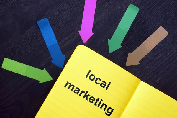 Writing note showing local marketing. Business photo showcasing local marketing. The text is written in the yellow notebook. Many small arrows point towards the text.