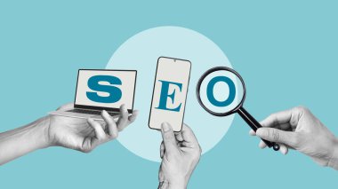 SEO stratejisi bir metin kullanılarak gösterilir. İnternet 'te marka tanıtımı ve popülerlik için SEO araçları kullanılıyor