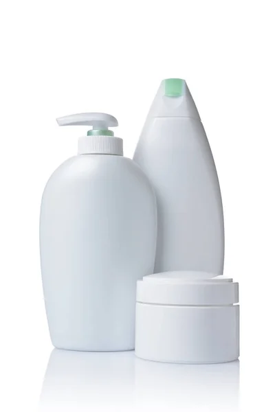Frasco Blanco Blanco Botellas Dispensadoras Productos Cosméticos Aislados Sobre Fondo — Foto de Stock
