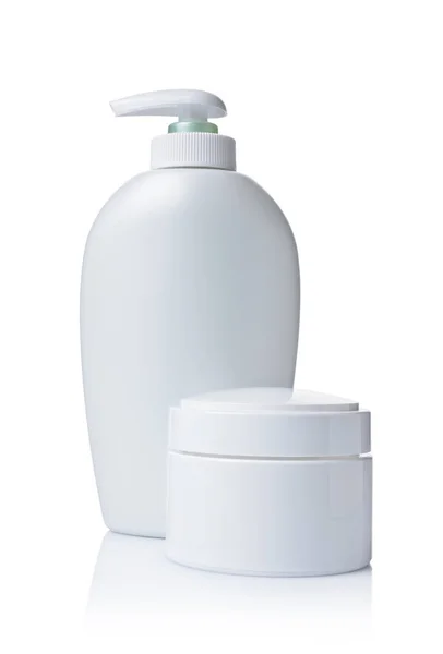 白い背景で隔離の化粧品の空白の白いモックアップ Jar およびディスペンサー ボトル — ストック写真