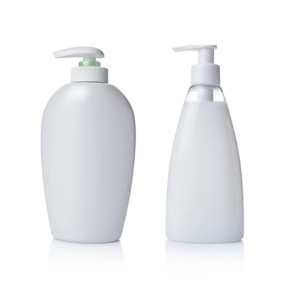 Dispensador Maquetas Blanco Blanco Botellas Plástico Vidrio Productos Cosméticos Aislados — Foto de Stock