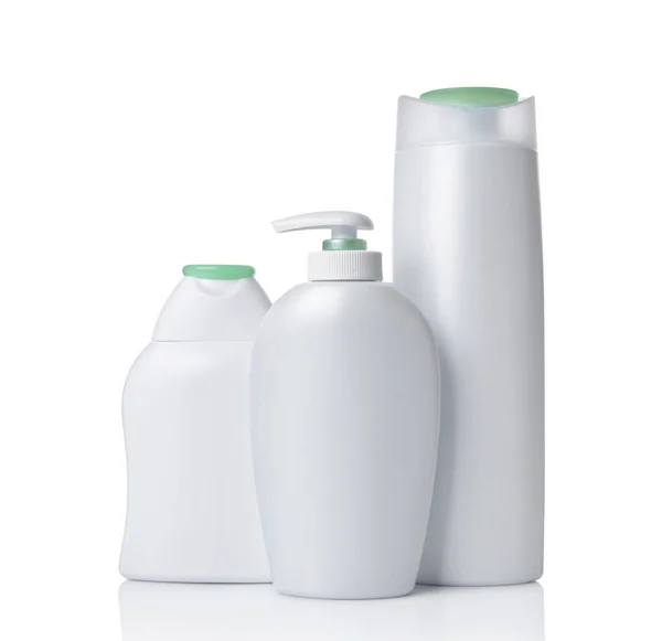 Dispensador Maquetas Blanco Blanco Botellas Plástico Productos Cosméticos Con Tapas — Foto de Stock