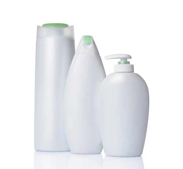 Blank White Mockup Dispenser Plastic Bottles Cosmetic Products Green Lids — Stock Photo, Image