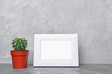 Kırmızı saksıyı küçük kaktüs ve mock-up kopya alanı için poster gri beton zemin üzerine beyaz çerçevesi ile