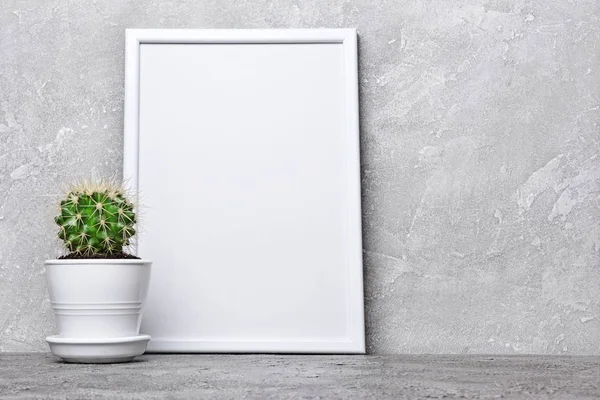 Saksıyı ve kopya alanı için poster gri beton zemin üzerine beyaz çerçevesi mock-up küçük kaktüs