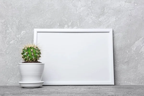 Saksıyı ve kopya alanı için poster gri beton zemin üzerine beyaz çerçevesi mock-up küçük kaktüs