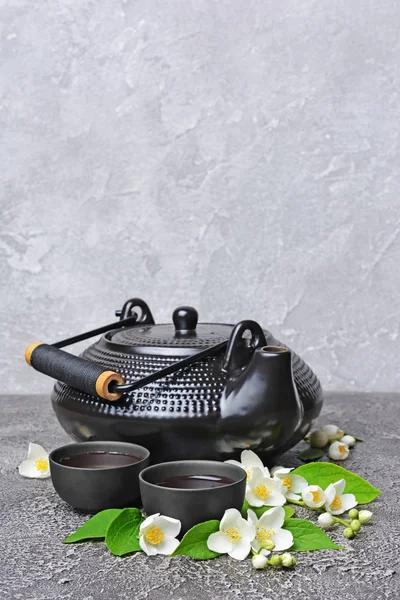 Asian Black Traditional Teapot Teacups Healthy Green Jasmine Tea Gray — Stock Photo, Image