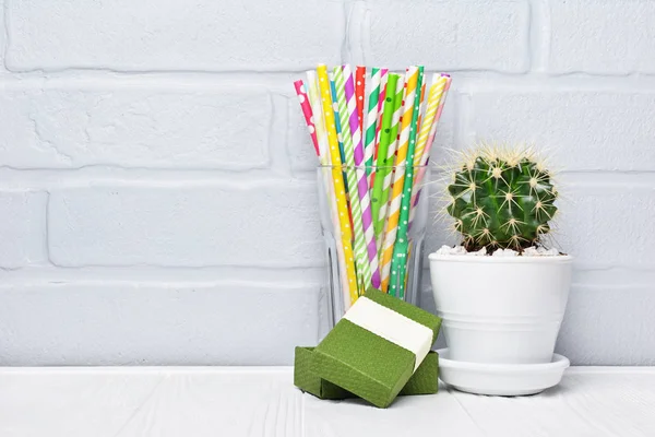 Small Cactus White Flower Pot Green Gift Box Colorful Cocktail — Stock Photo, Image