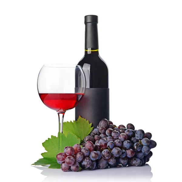 Butelka Pusty Czarny Etykieta Szkło Degustacji Świeżych Winogron Białym Tle — Zdjęcie stockowe