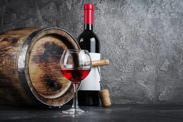 Red Wine Bottle Glass Tasting Wooden Barrel Dark Cellar Gray — Stock Photo, Image