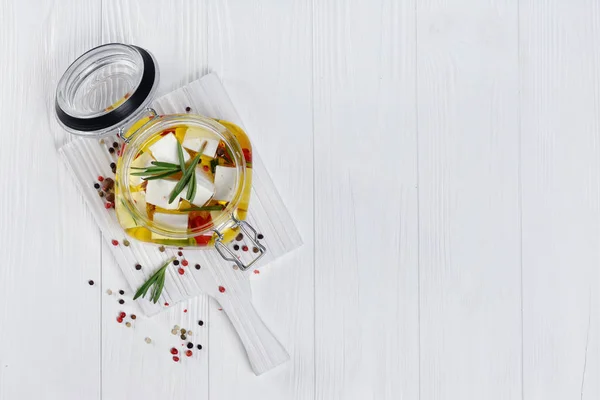 Marinated Feta Cheese Olive Oil Spice Red Chili Pepper Rosemary — Stock Photo, Image