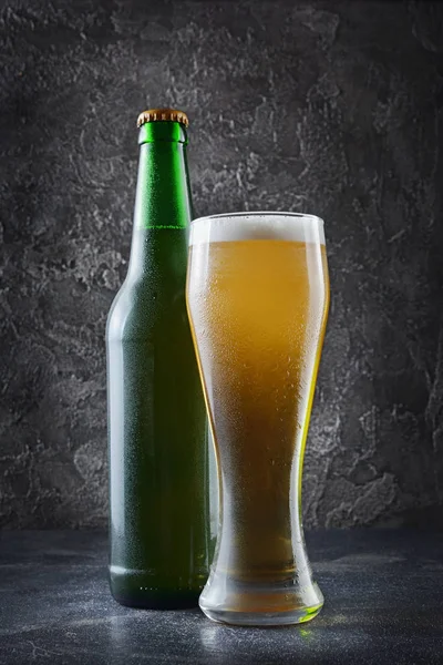 Bottle Cold Beer Glass Foam Dark Gray Concrete Background — Stock Photo, Image