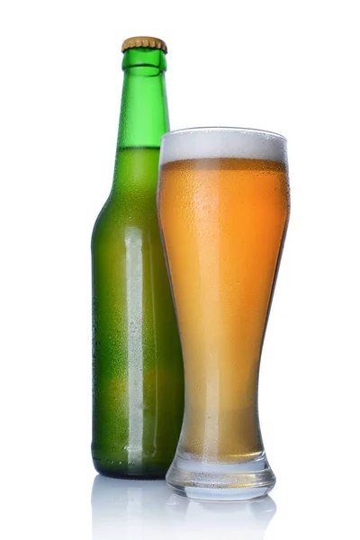 Bottle Glass Cold Light Beer Foam Isolated White Background — Stock Photo, Image