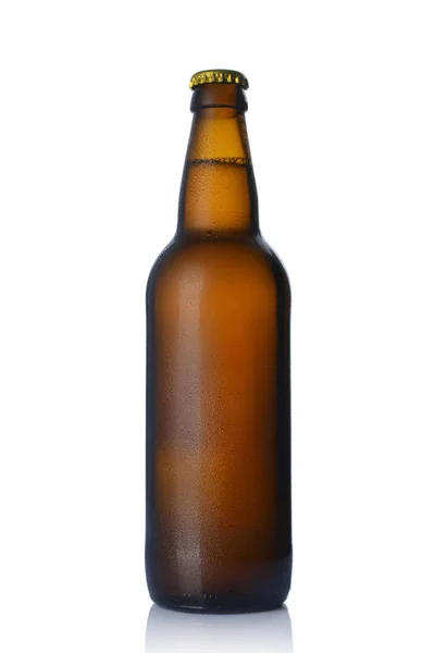 Single Bottle Cold Beer Drops Isolated White Background — Stock Photo, Image