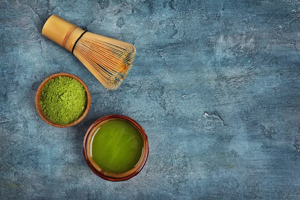 Top View Organic Green Matcha Teapowder White Bowl Blue Concrete — Stock Photo, Image