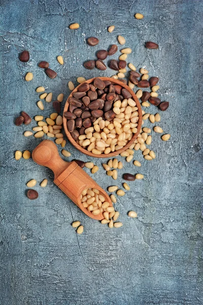 Top View Healthy Tasty Pine Nuts Wooden Rustic Bowl Small — Stock Photo, Image