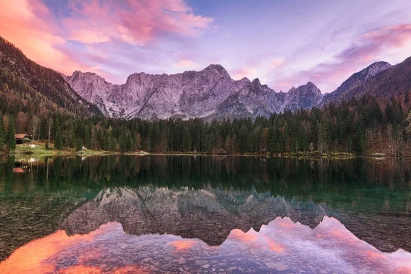 Wunderschöne Sonnenuntergangslandschaft Von Lago Oder Laghi Fusine See Italien Mit — Stockfoto