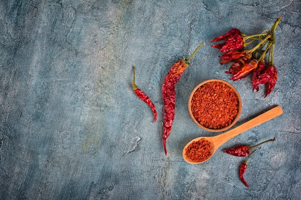 Top View Dry Red Chili Pepper Wooden Bowl Spoon Blue — Stock Photo, Image