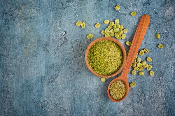 Vue Dessus Café Vert Cru Non Torréfié Avec Des Grains — Photo