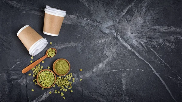 Top View Raw Green Unroasted Coffee Ground Beans Wooden Bowls — Stock Photo, Image