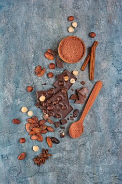 Adet bütün fındık kakao çekirdekleri, toz ve baharat tarçın ve anason yıldız olarak koyu çikolata üstten görünüm mavi beton zemin üzerine