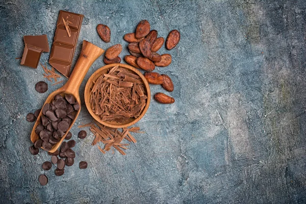 Top View Chocolate Chips Bars Drops Morsels Cocoa Beans Confectionery — Stock Photo, Image